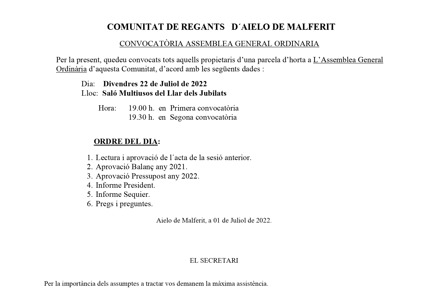 COMUNITAT DE REGRANTS D'AIELO DE MALFERIT
