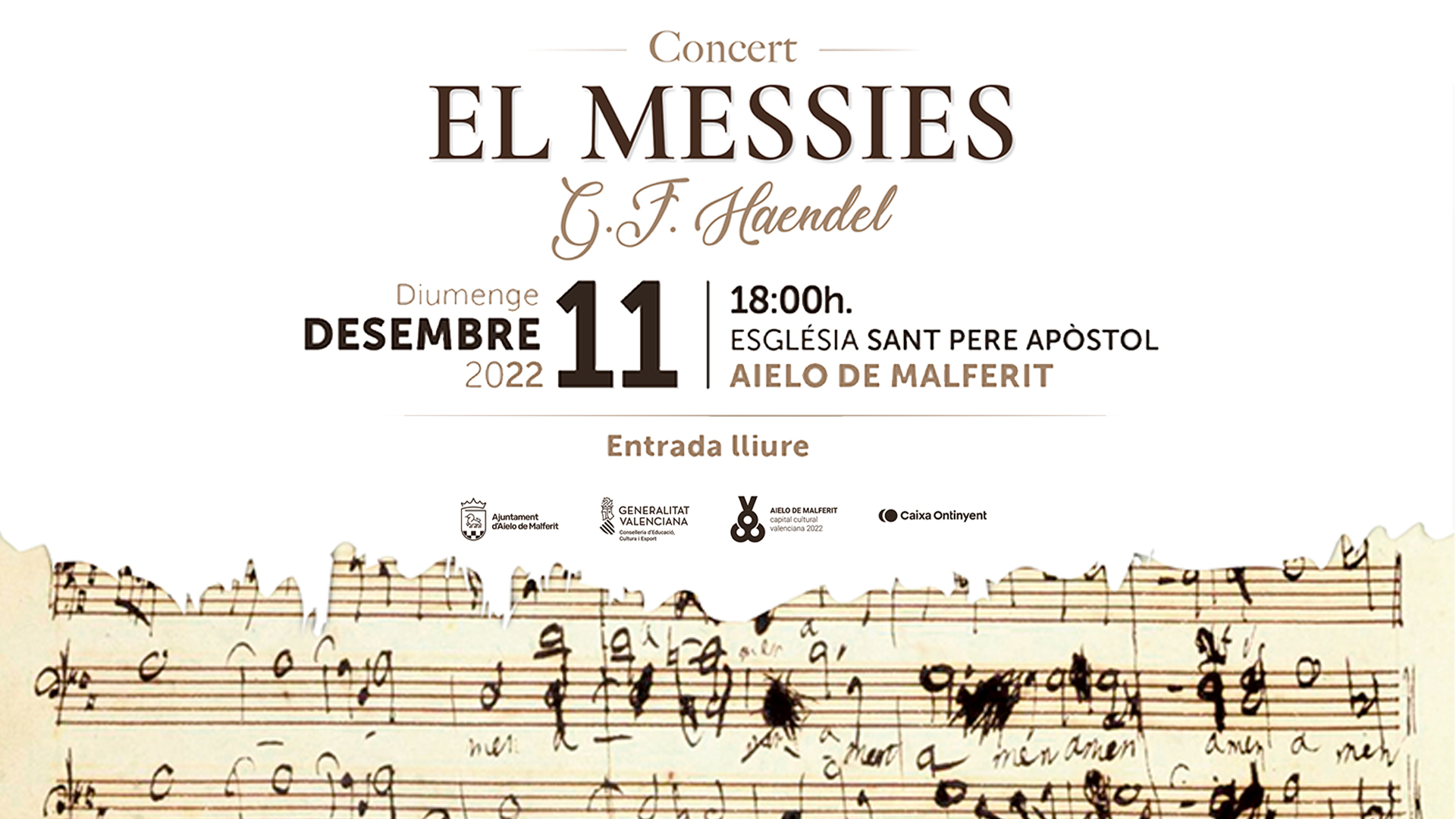 El Messies, l'emblemàtica obra del mestre G.F. Haendel, s'interpretarà en viu a Aielo de Malferit Capital Cultural Valenciana 2022. 