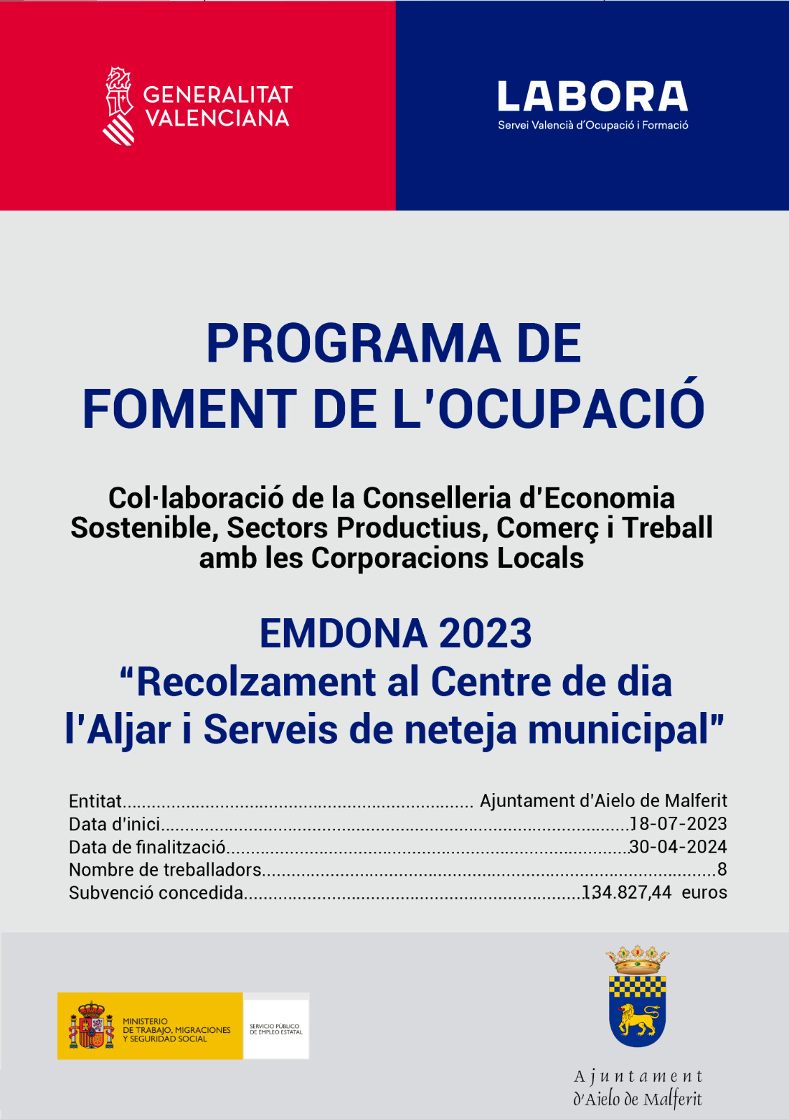 Aielo de Malferit contracta 8 dones aturades amb el programa EMDONA 2023